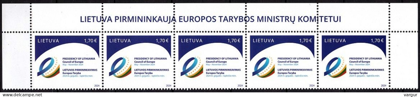 LITHUANIA 2024-04 EUROPA: Presidency In Council Of Europe. Flag. Top Strip 5v / Title, MNH - Europäischer Gedanke