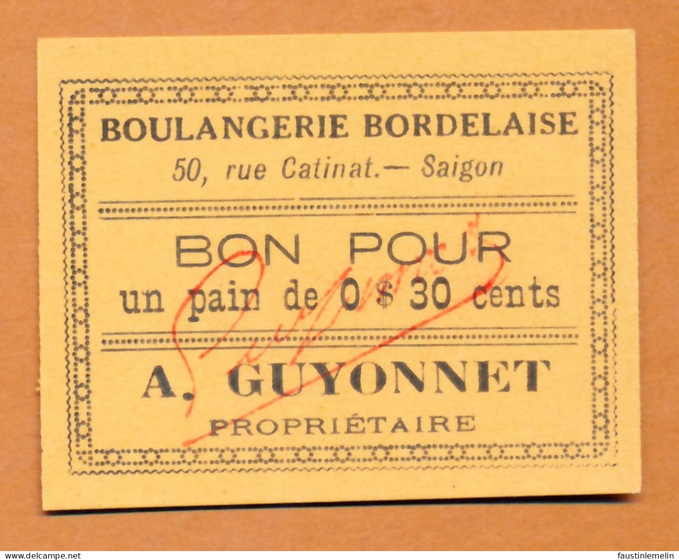 1914-22 // INDOCHINE // SAIGON // Emission Locale // BOULANGERIE BORDELAISE // A.GUYONNET // Bon De 30 Cents - Bons & Nécessité