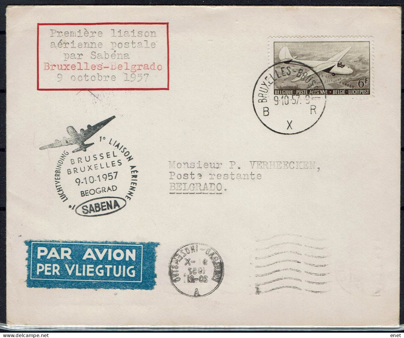 Belgie 1957 - Stempel - Eerste Vlucht SABENA -Brussel Belgrado - Other (Air)