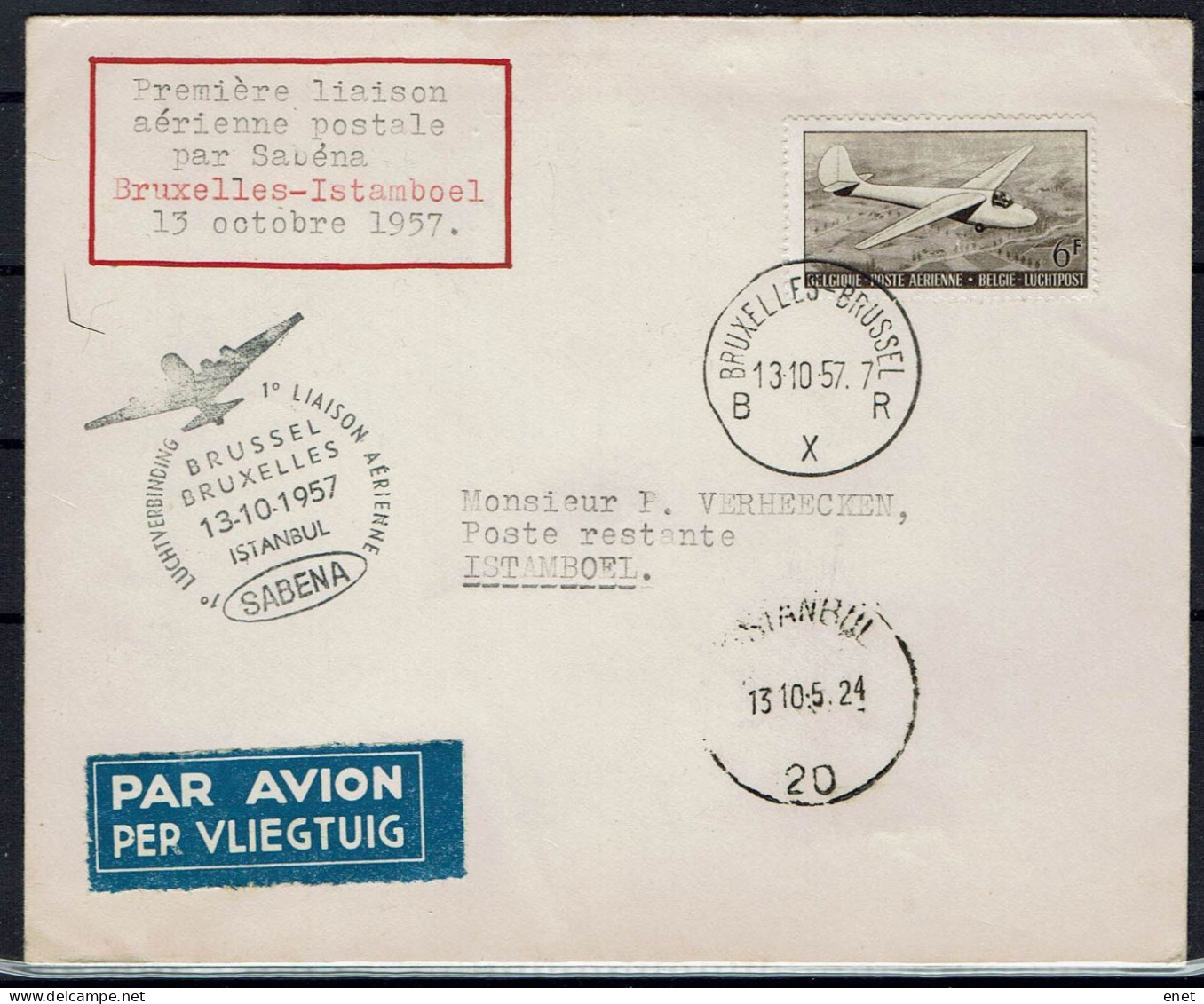 Belgie 1957 - Stempel - Eerste Vlucht SABENA -Brussel Istanboel - Autres (Air)