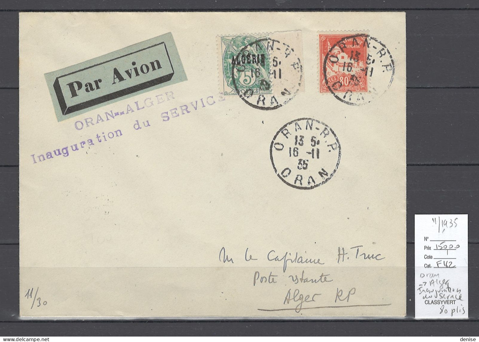 Algérie - 1er Vol Oran - Alger - Inauguration Du Service -14/11/1935 - Airmail
