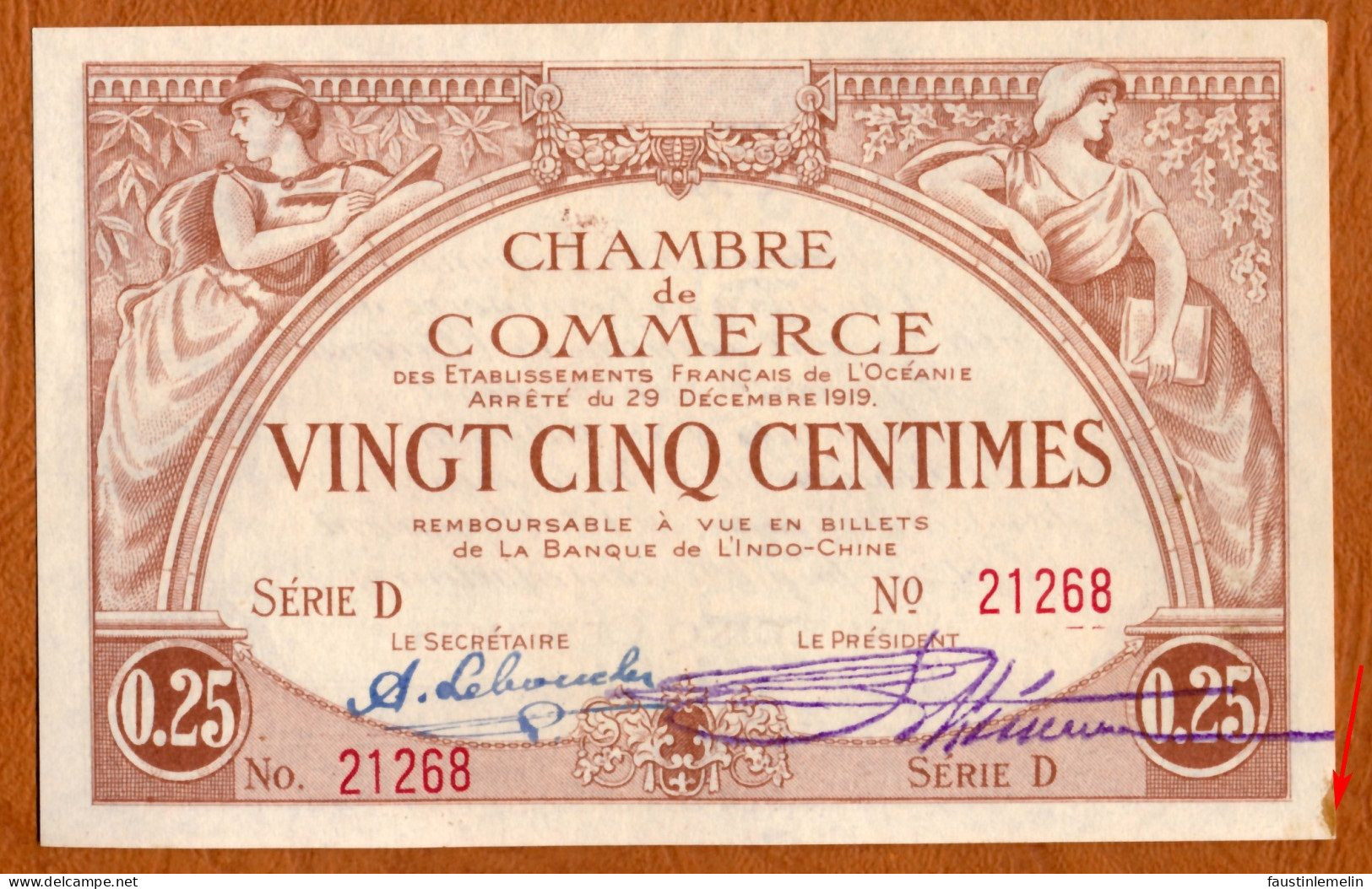 C.D.C. // OCEANIE // ETABLISSEMENT FRANCAIS // Décembre 1919 // Vingt Cinq Centimes // Sans Filigrane - Chambre De Commerce