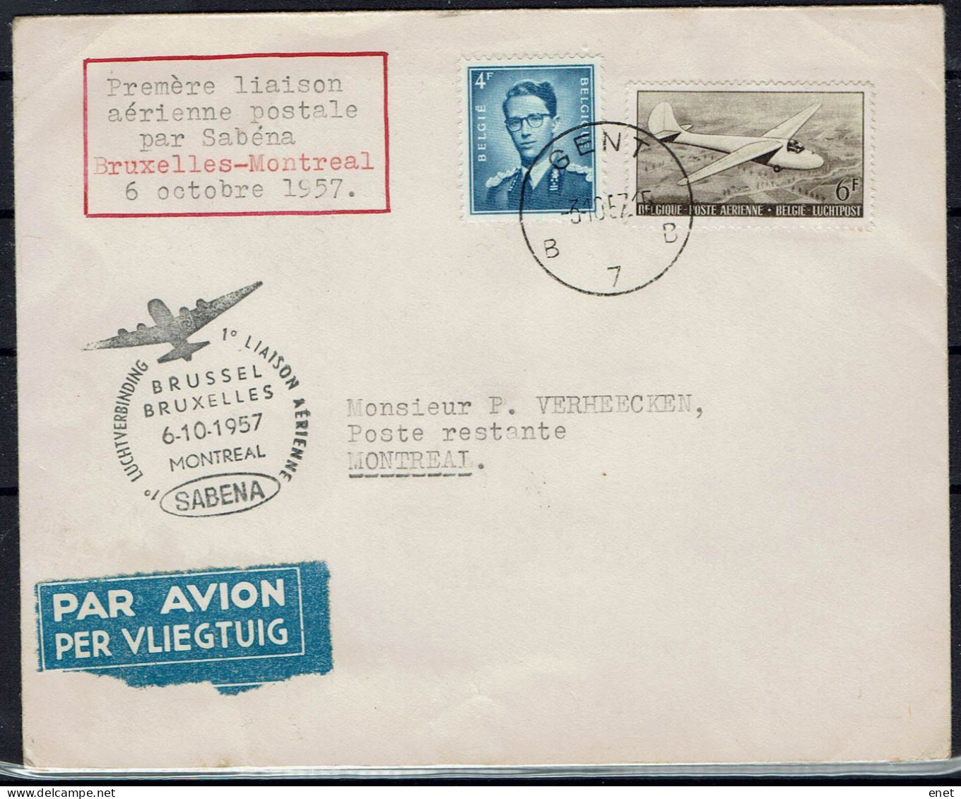 Belgie 1957 - Stempel - Eerste Vlucht SABENA -Brussel Montreal - Other (Air)