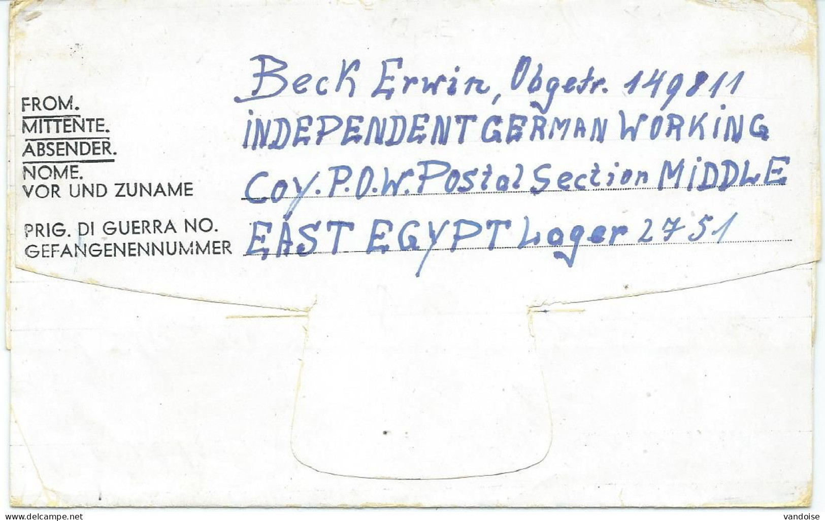 LETTRE 1946 PRISONNIER DE GUERRE ALLEMAND EN EGYPTE - Lettres & Documents