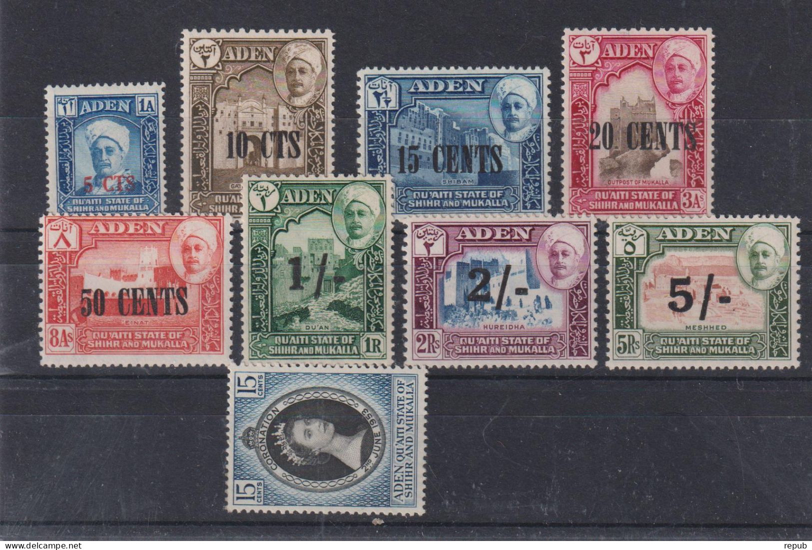 Aden 1951-53 Série Surchargée + Couronnement Elisabeth II 20-28, 9 Val * Charnière MH - Aden (1854-1963)