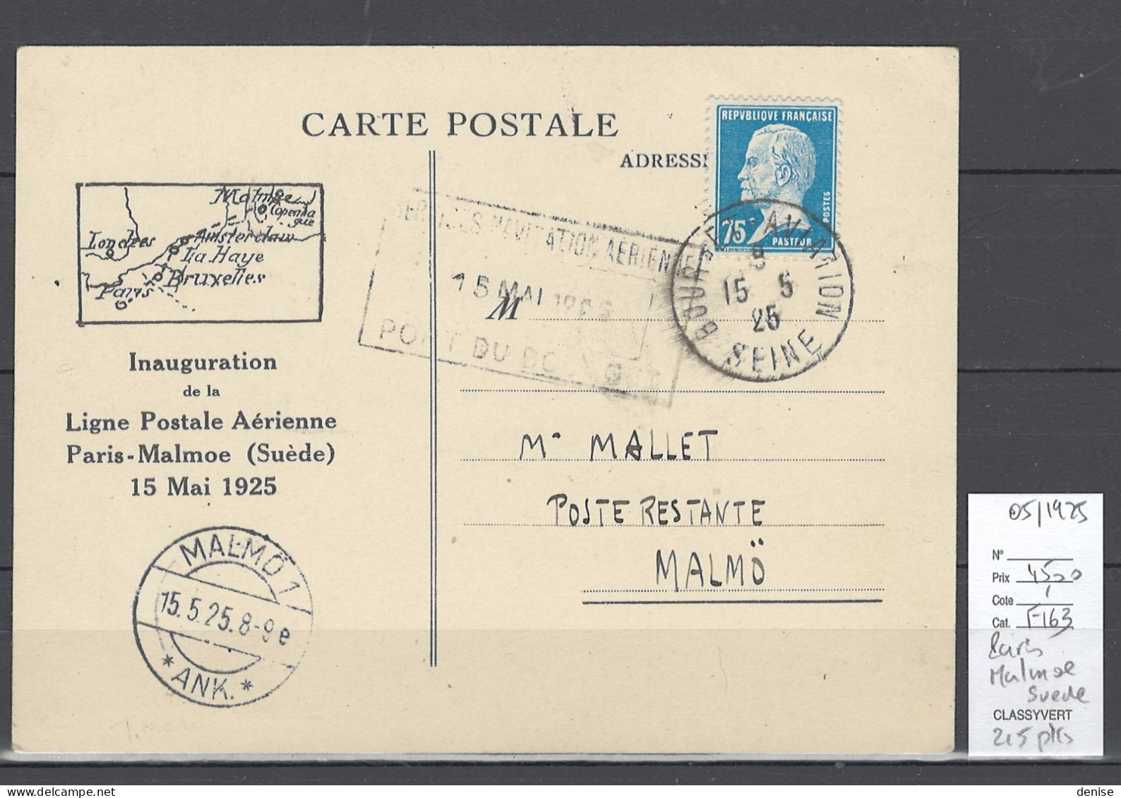 France - Paris - Malmoe - Suede - 1er Vol - 15/05/1925 - 1927-1959 Cartas & Documentos