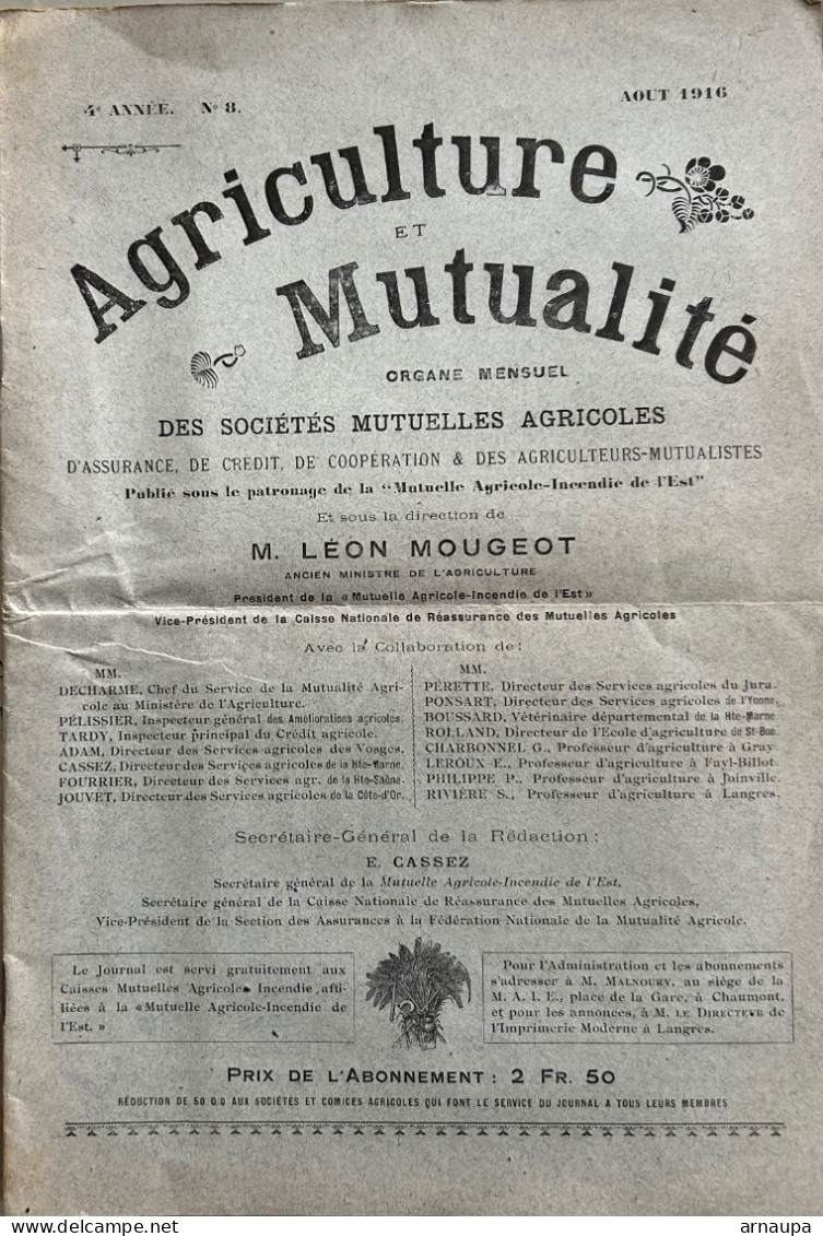 Revue Agriculture Et Mutualité 1916 Mougeot Paysan Rural - Ohne Zuordnung