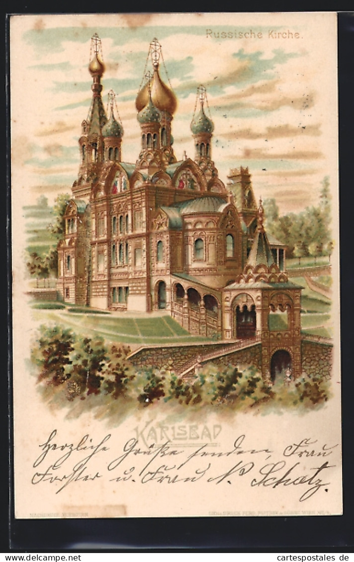 Lithographie Karlsbad, Russische Kirche  - Tchéquie