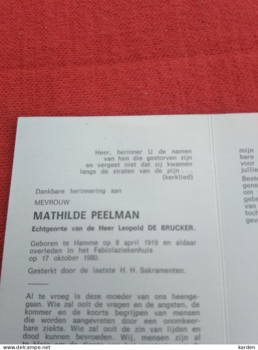 Doodsprentje Mathilde Peelman / Hamme 8/4/1919 - 17/10/1980 ( Leopold De Brucker ) - Religion & Esotericism