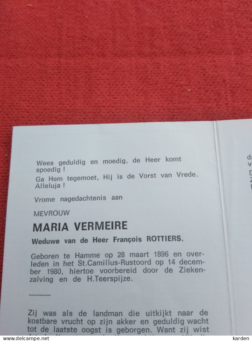 Doodsprentje Maria Vermeire / Hamme 28/3/1896 - 14/12/1980 ( François Rottiers ) - Religion & Esotérisme