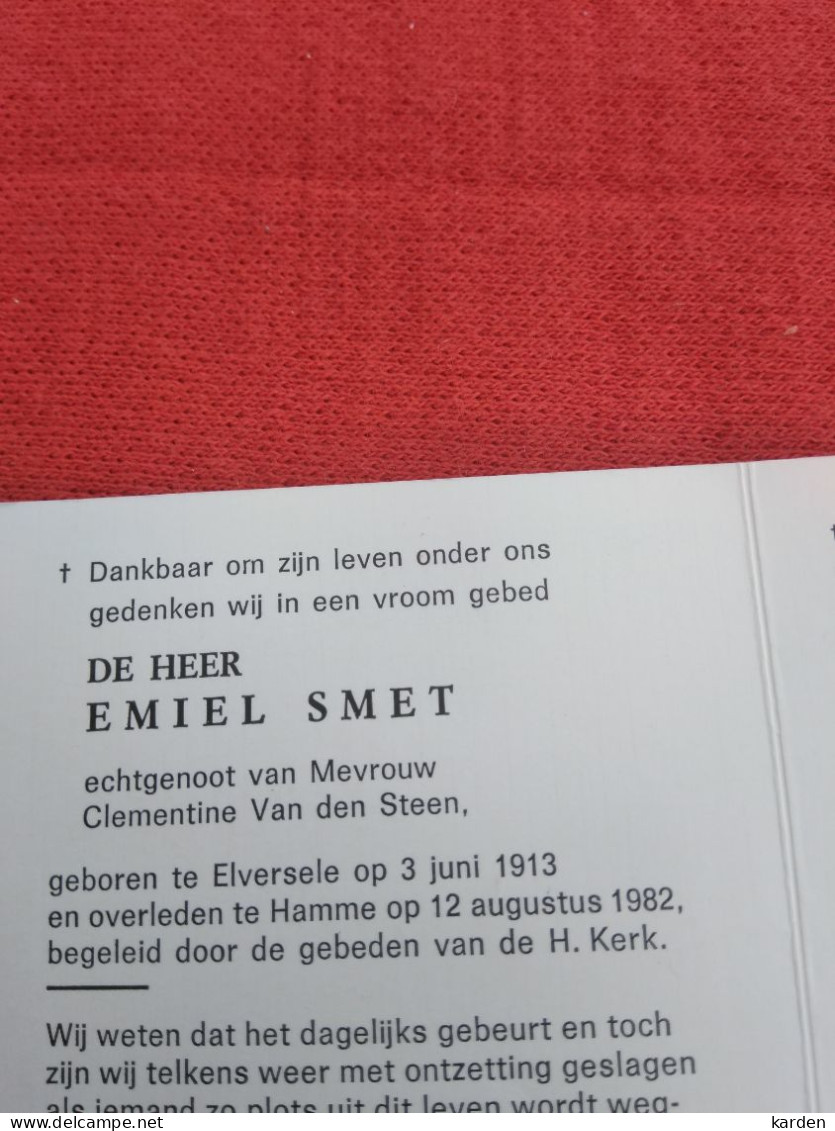 Doodsprentje Emiel Smet / Elversele 3/6/1913 Hamme 12/8/1982 ( Clementine Van Den Steen ) - Godsdienst & Esoterisme