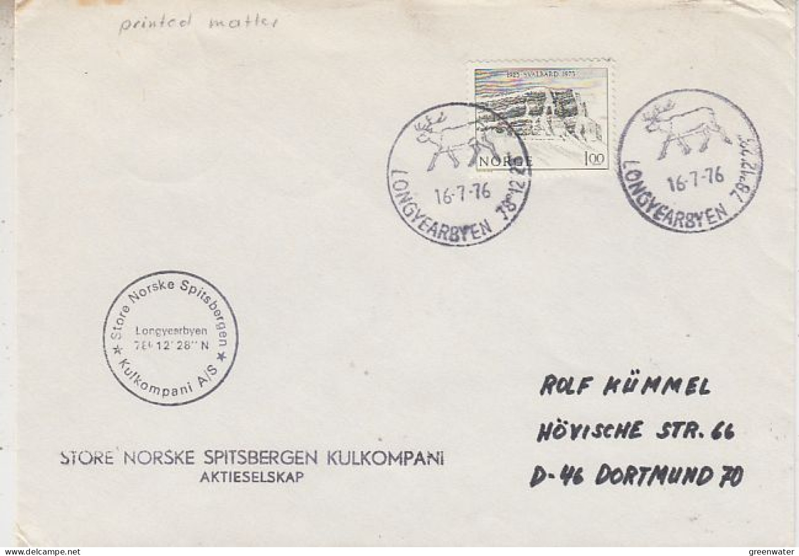 Norway Store Norske Spitsbergen Cover Ca Lonyearbyen 16.7.1976 (59847) - Stazioni Scientifiche E Stazioni Artici Alla Deriva