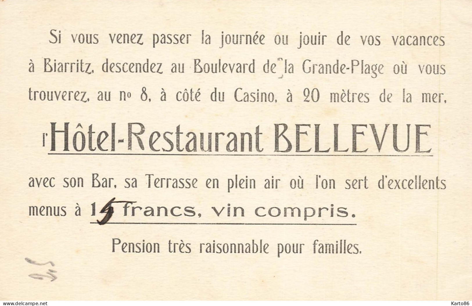 Biarritz * Hôtel Restaurant BELLEVUE 8 Boulevard De La Grande Plage * Commerce * PUB AU DOS - Biarritz