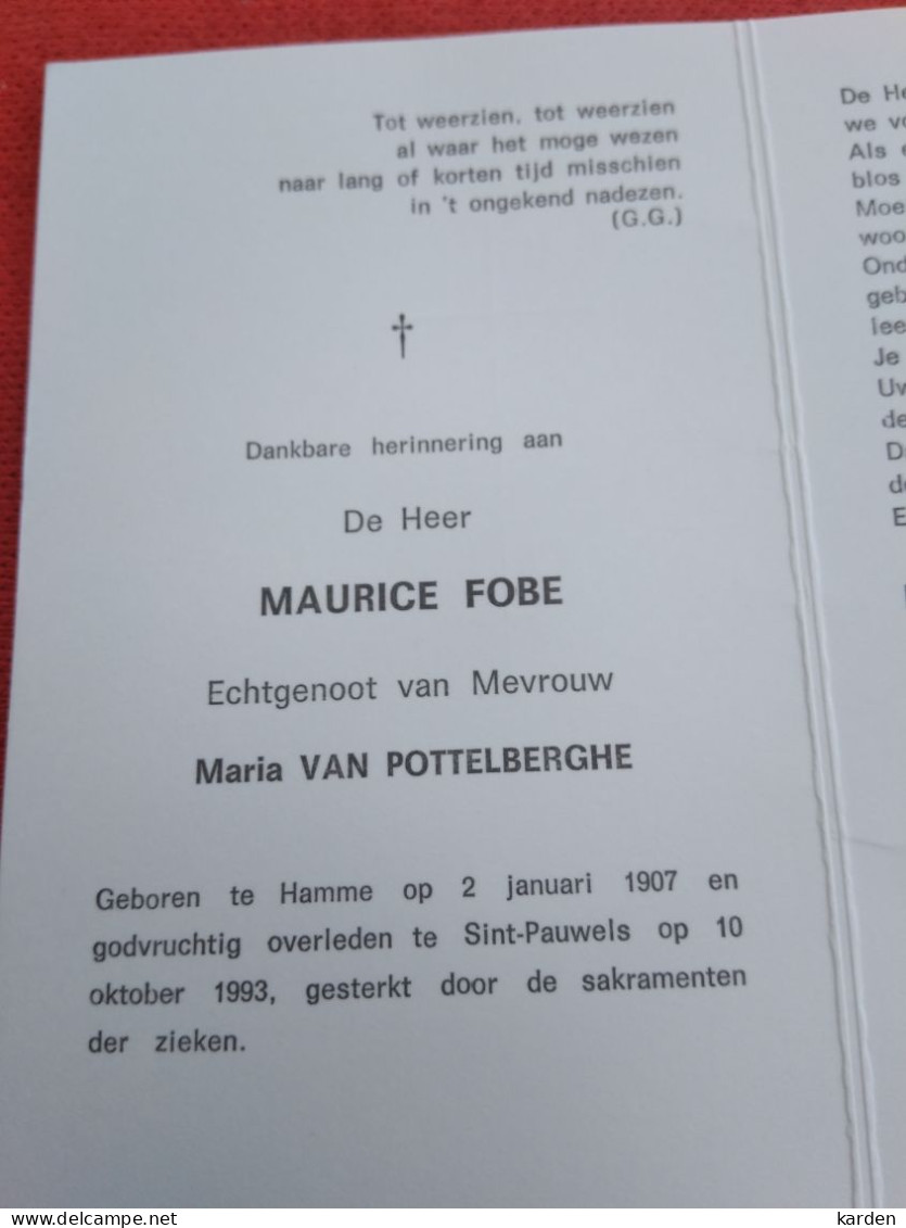 Doodsprentje Maurice Fobe / Hamme 2/1/1907 Sint Pauwels 10/10/1993 ( Maria Van Pottelberghe ) - Religion & Esotericism