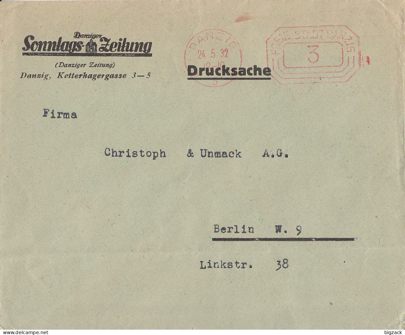 Danzig Werbebrief Danziger Sonntags-Zeitung Mif Mafst. Danzig 24.5.32 Gel. Nach Berlin - Lettres & Documents