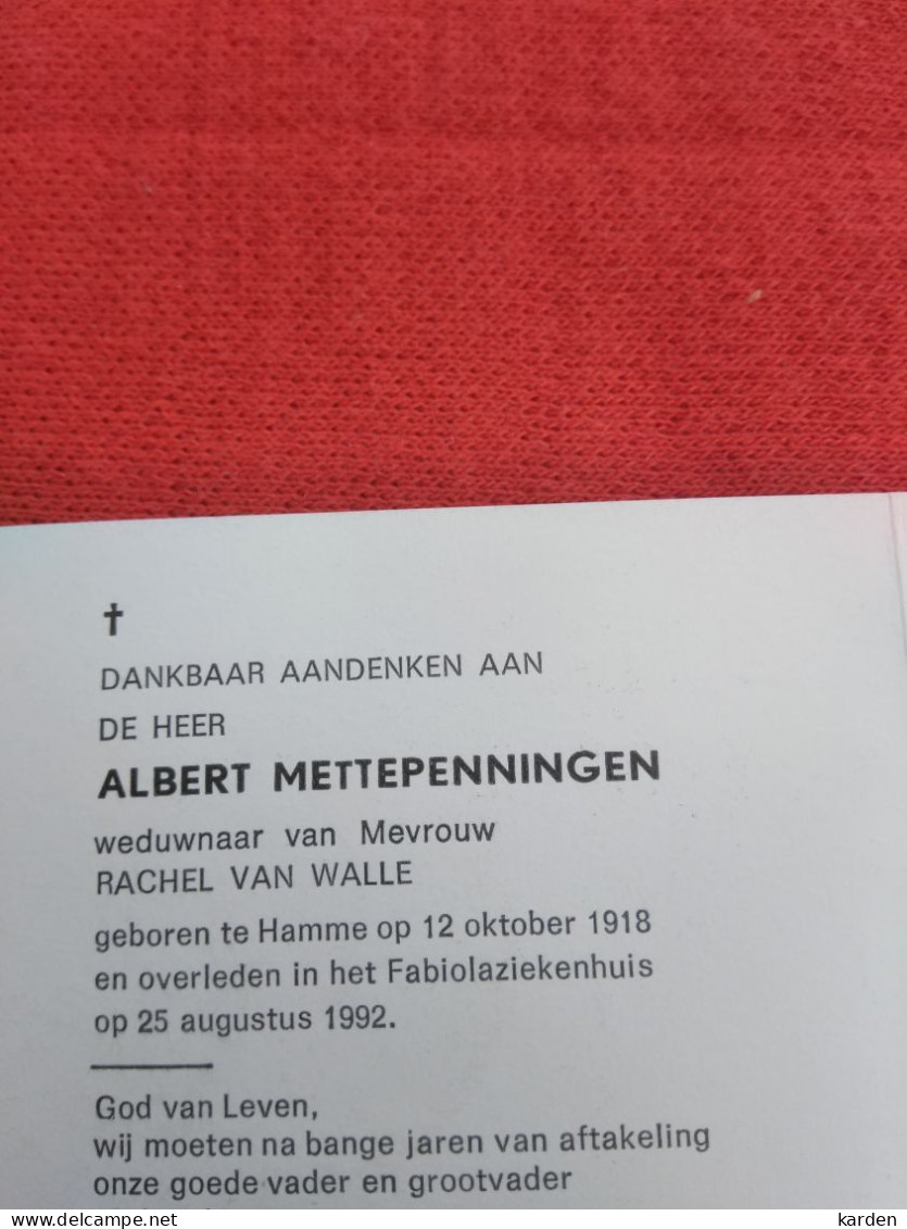 Doodsprentje Albert Mettepenningen / Hamme 12/10/1918 - 25/8/1992 ( Rachel Van Walle ) - Religion & Esotérisme