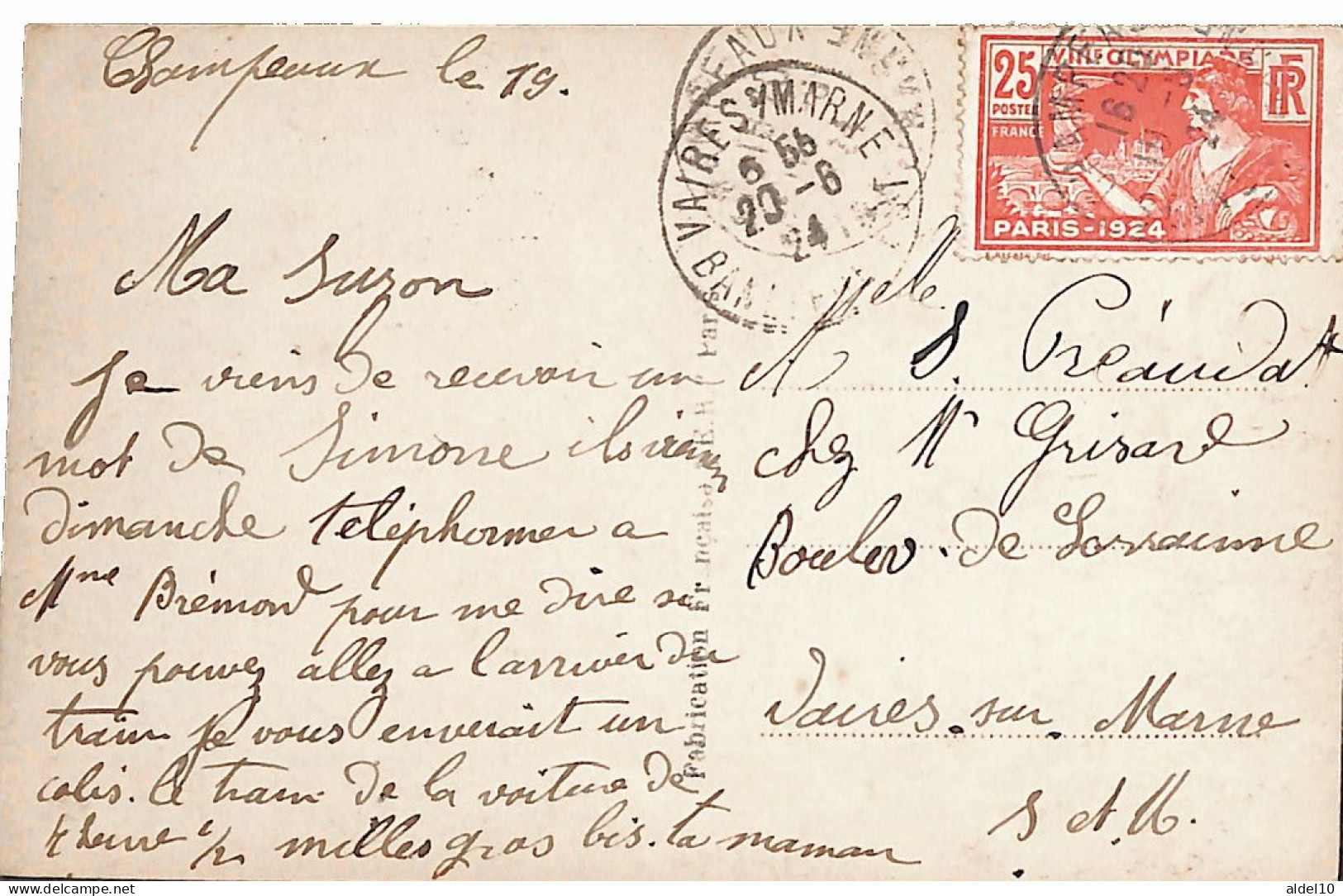 Carte Postale 1924 Affranchie 184 - VIIIe Olympiade Paris - Lettres & Documents