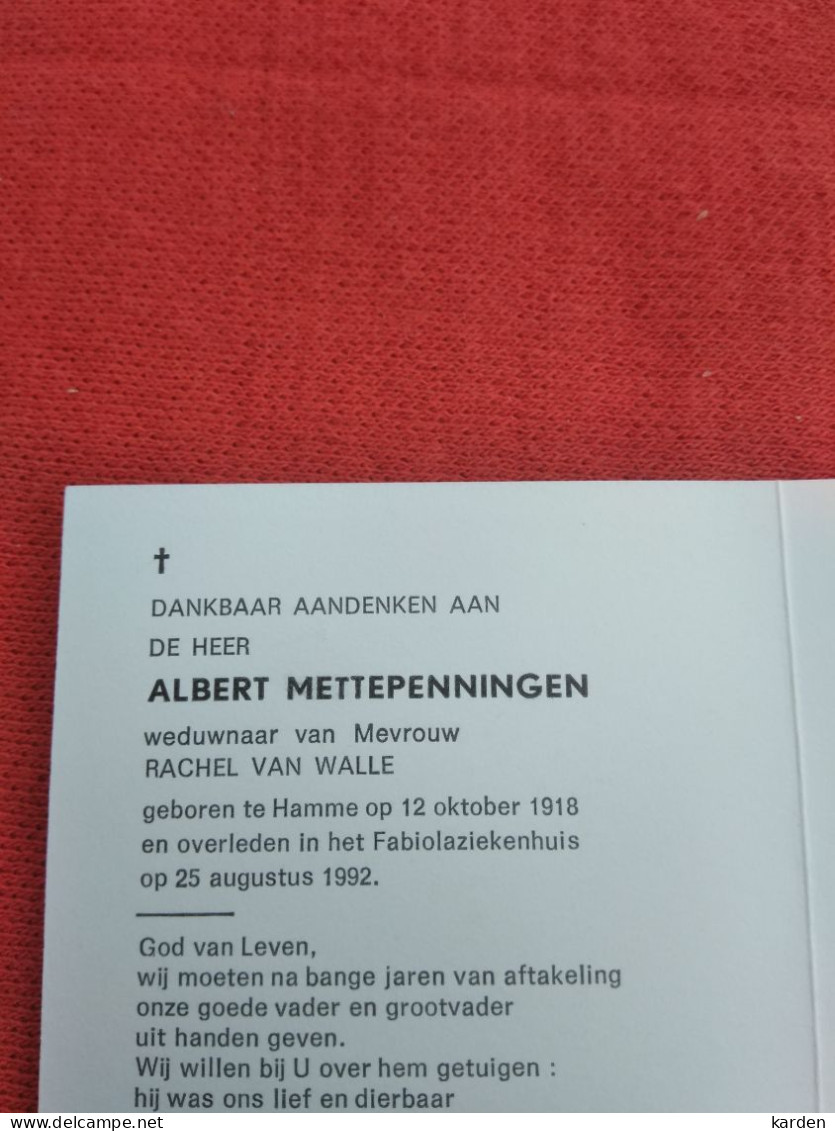 Doodsprentje Albert Mettepenningen / Hamme 12/10/1918 - 25/8/1992 ( Rachel Van Walle ) - Religion & Esotérisme