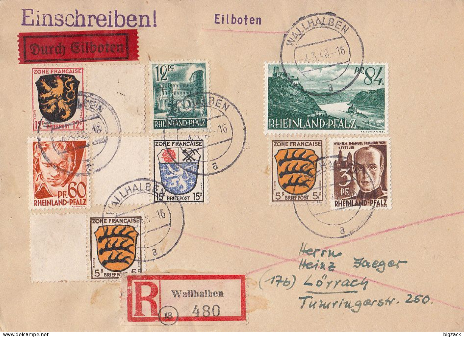 Rld.-Pf. R-Eilbote-Brief Mif Minr.3,6,7 Rld.-Pf. Minr.2,4,12,84 Wallhalben 4.3.48 Gel. Nach Lörrach - Rhénanie-Palatinat