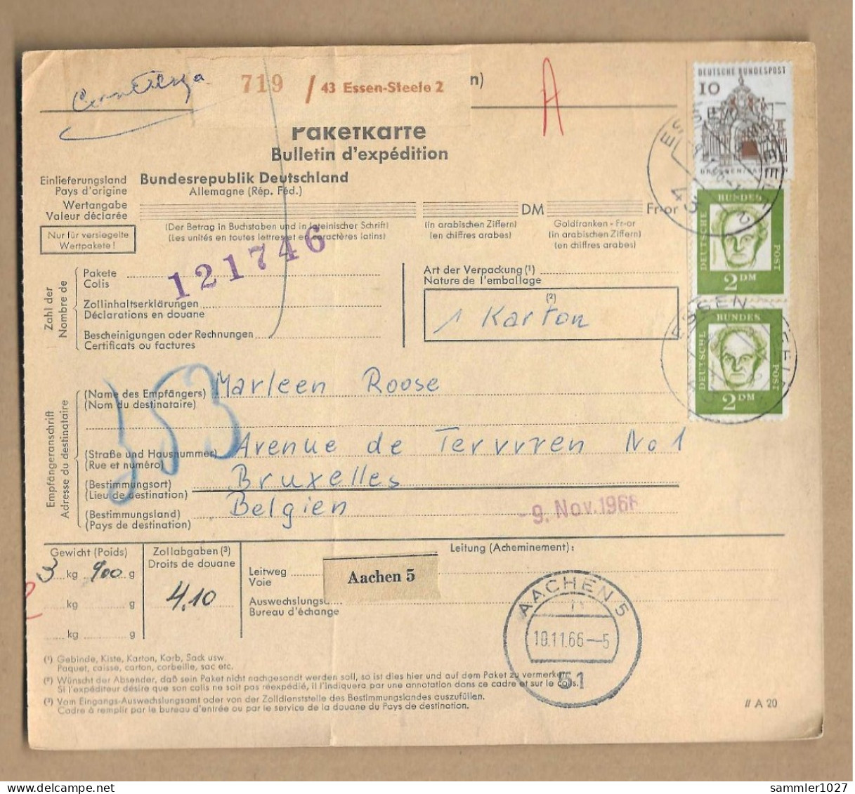 Los Vom 17.05 - Paketkarte Aus Essen Nach Belgien 1966 - Lettres & Documents