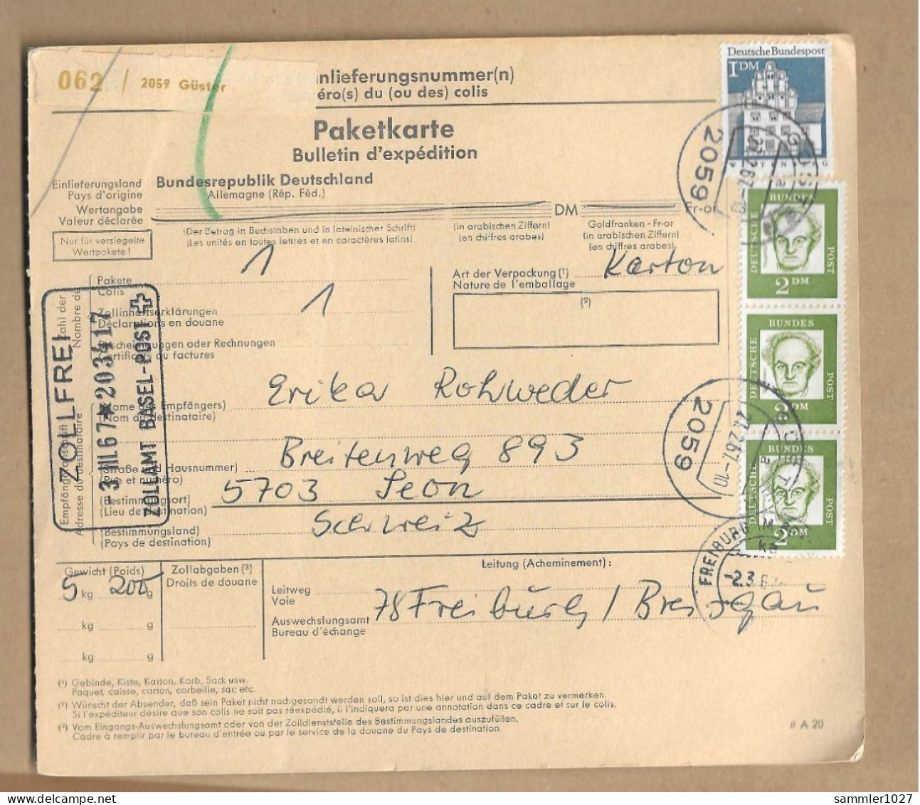 Los Vom 17.05 - Paketkarte Aus Güster In Die Schweiz 1967 - Covers & Documents