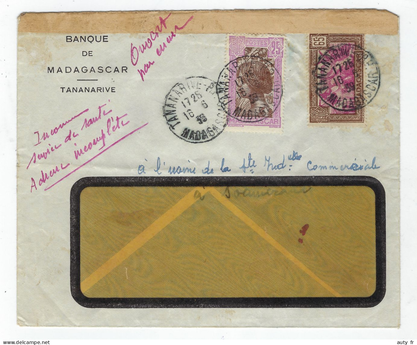Lettre De La Banque De Madagascar Tananarive 1939 - Autres & Non Classés