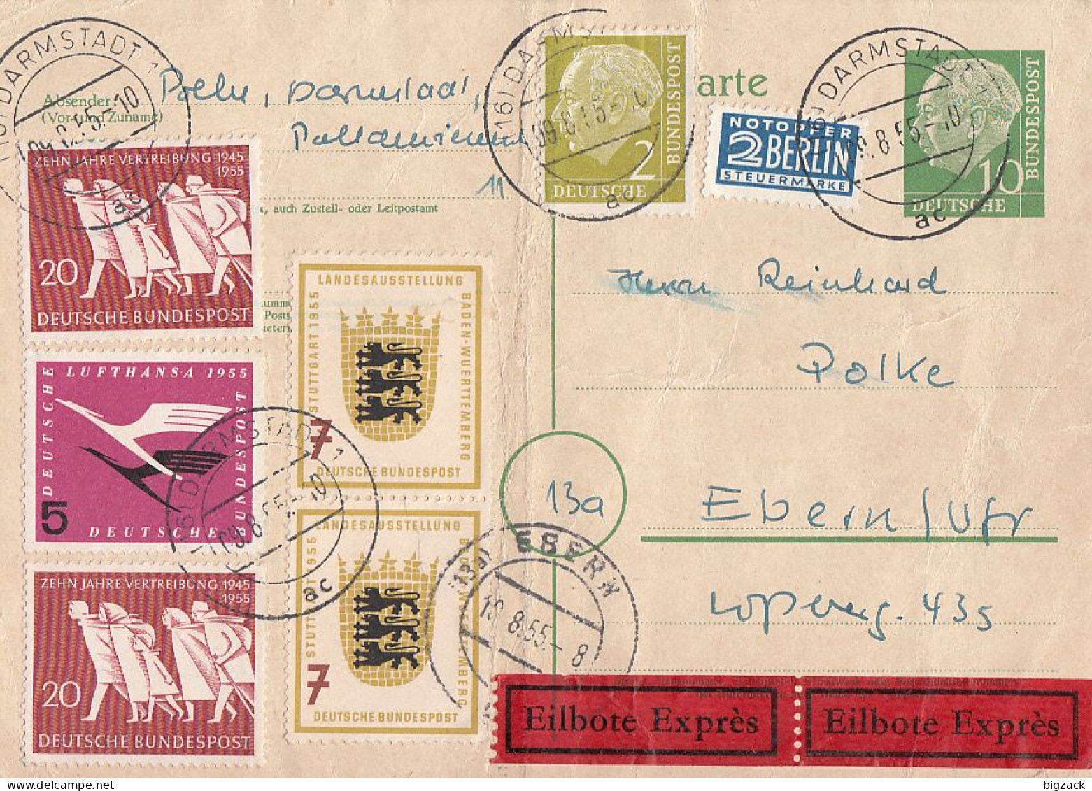 Bund Ganzsache Eilbote Zfr. Minr.177,205,2x 212,2x 215 Darmstadt 9.8.55 Gel. Nach Ebern - Covers & Documents