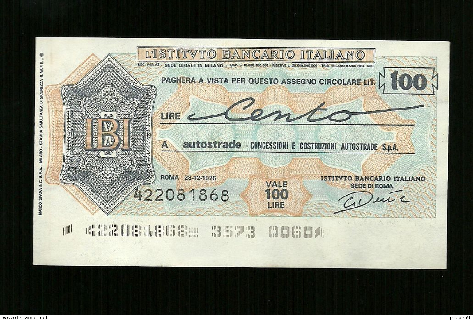 Miniassegni - Istituto Bancario Italiano A Autotrade Da Lire 100 - [10] Chèques
