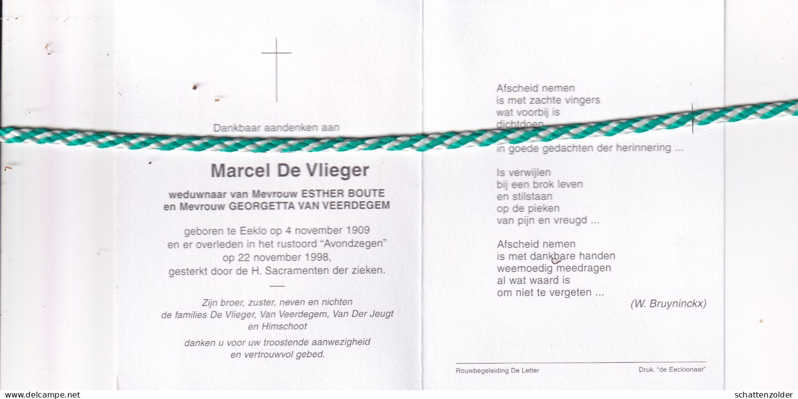 Marcel De Vlieger-Boute-Van Veerdegem, Eeklo 1909, 1998 - Décès