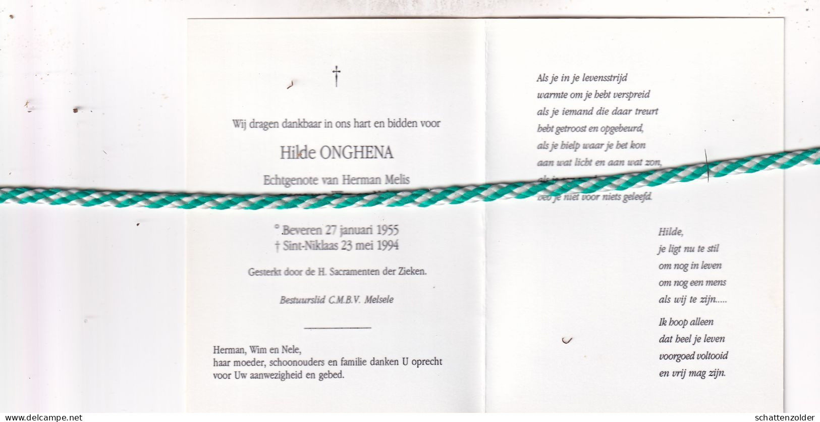 Hilda Onghena-Melis, Beveren 1955, Sint-Niklaas 1994. Foto - Décès
