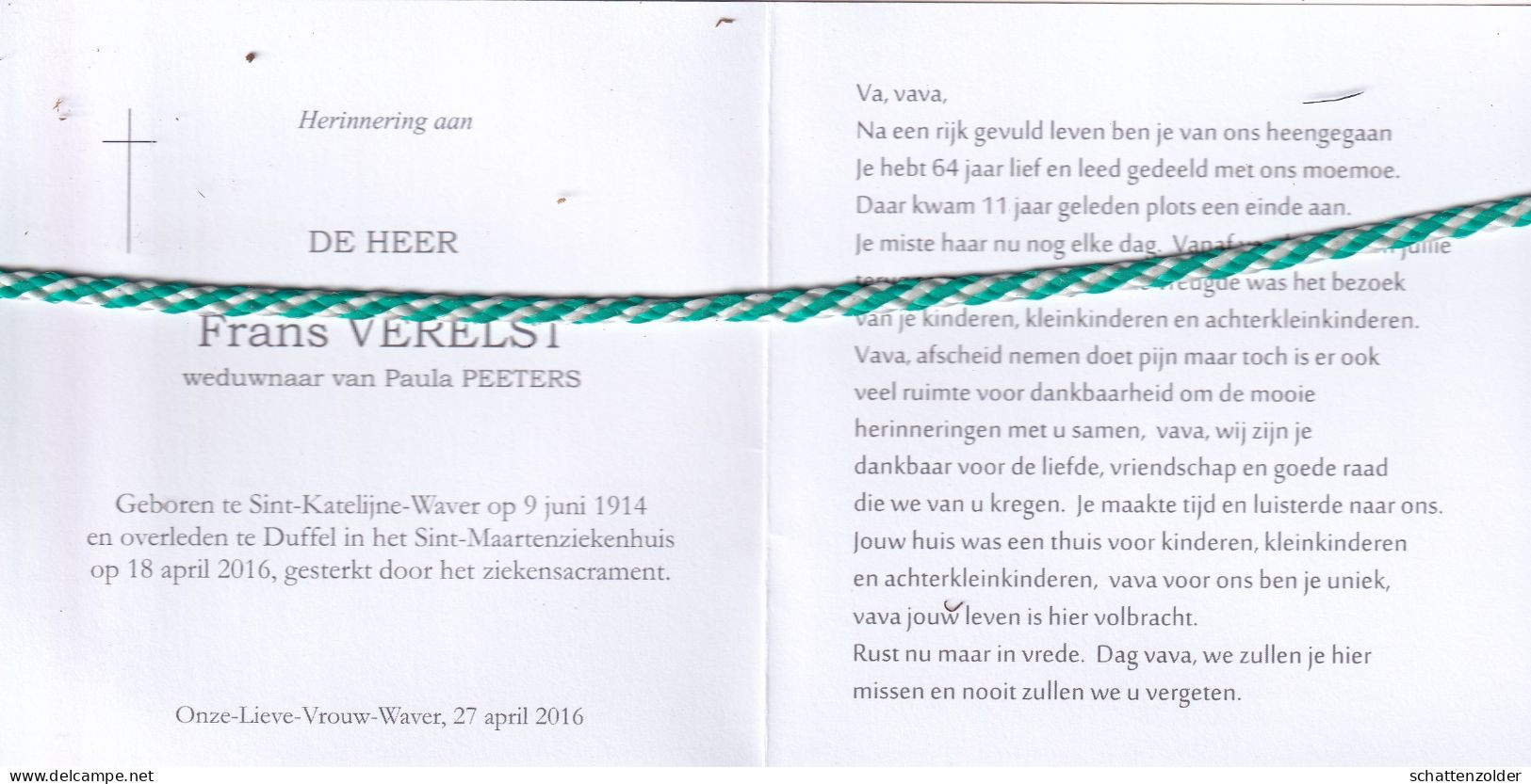 Frans Verelst-Peeters, Sint-Katelijne-Waver 1914, Duffel 2016. Foto - Décès
