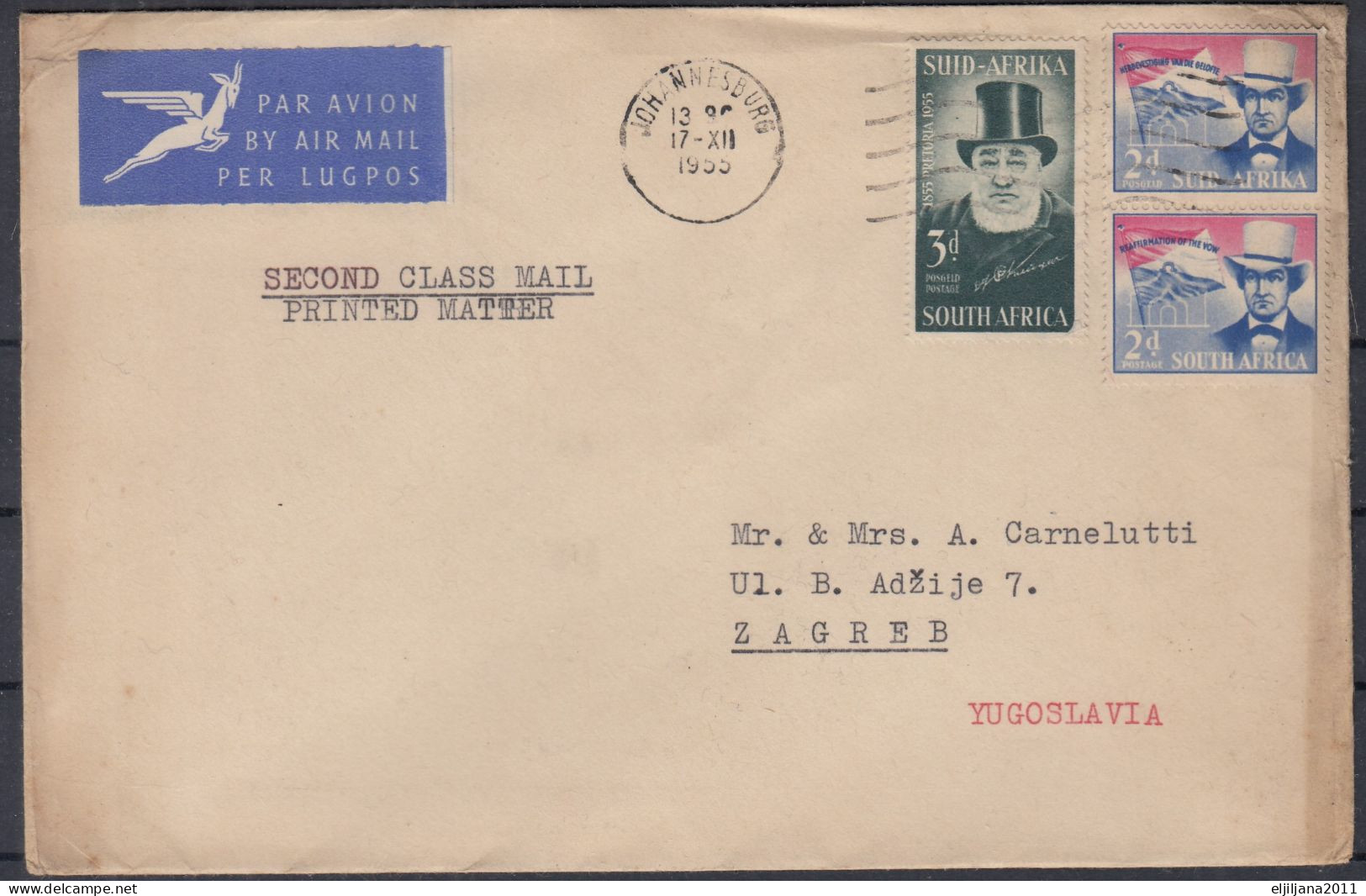 ⁕ Suid Afrika - South Africa 1955 ⁕ Nice Cover - Airmail Johannesburg To Zagreb ⁕ Csan - Cartas