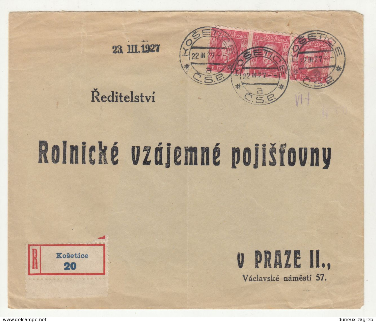 Reditelstvi Rolnické Vzájemné Pojištovny V Praze Company Reply Cover Posted Registered Košetice 1927  B240510 - Briefe U. Dokumente