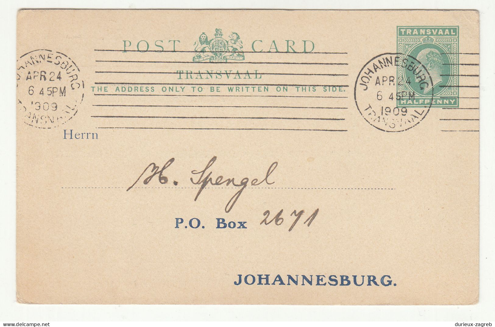 Liederkranz Club, Ltd, Johannesburg Company Preprinted Postal Stationery Postcard Posted 1909 B240510 - Transvaal (1870-1909)