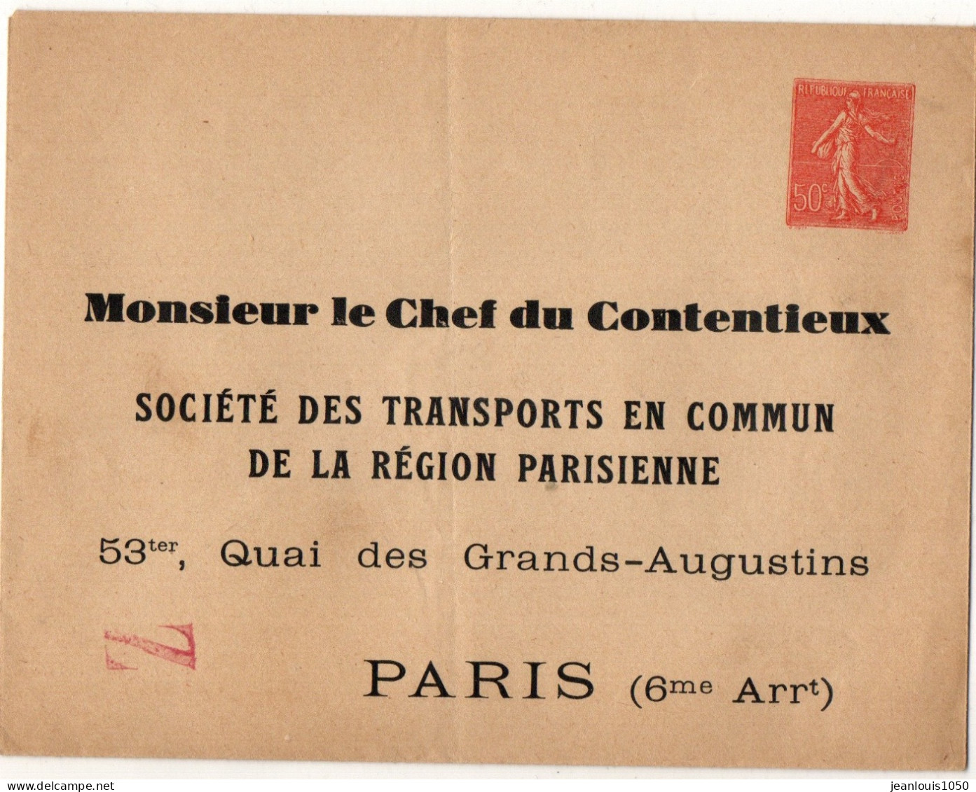 FRANCE ENTIER LETTRE SEMEUSE 50 CT LIGNEE AVEC REPIQUAGE PRIVEE NEUVE ** - Overprinted Covers (before 1995)
