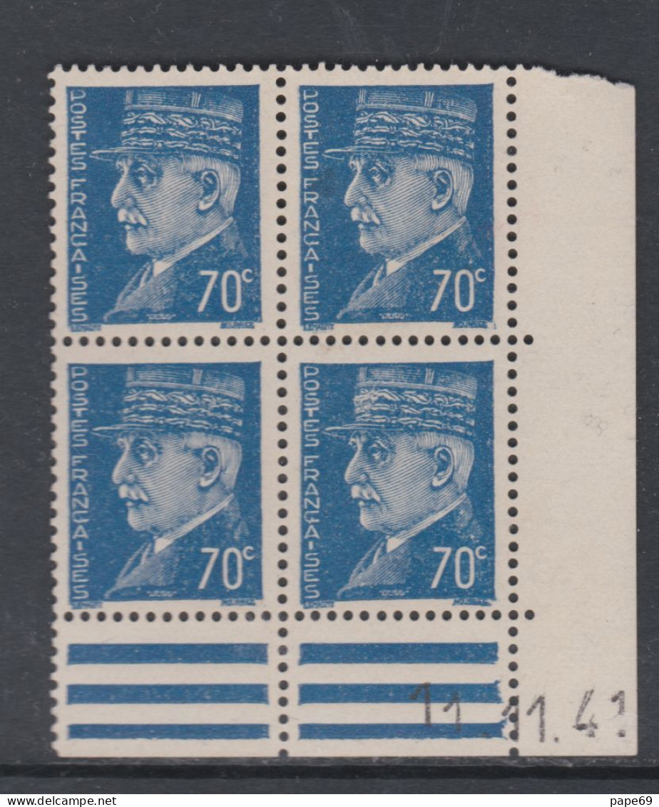 France N° 510 (.) : Type Maréchal  Pétain :70 C. Bleu En Bloc De 4 Coin Daté Du  11 . 11 . 41 ; Neuf Sans Gomme Sinon TB - 1940-1949