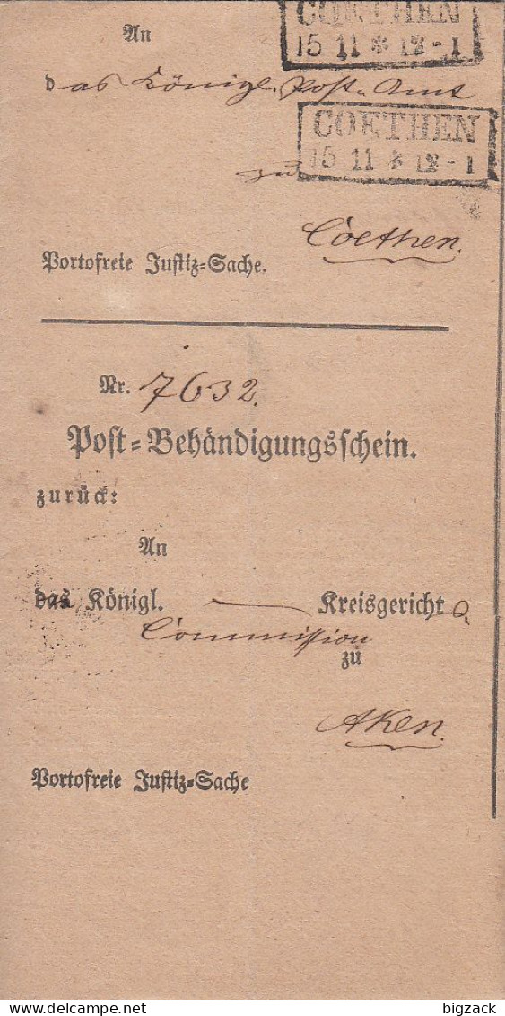 Preussen Post-Behändigungsschein R2 Coethen 15.11.(1866) Gel. Nach Aken - Briefe U. Dokumente