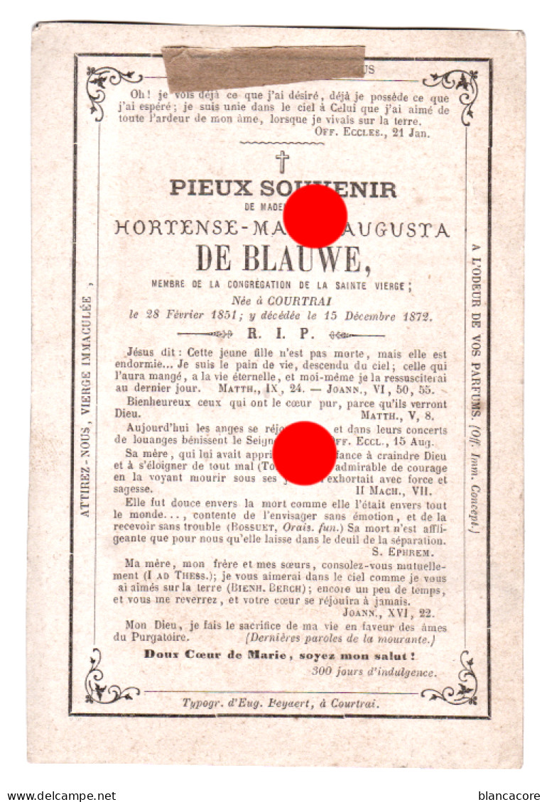 Hortense DE BLAUWE Kortrijk  Courtrai 1851 1872 - Overlijden