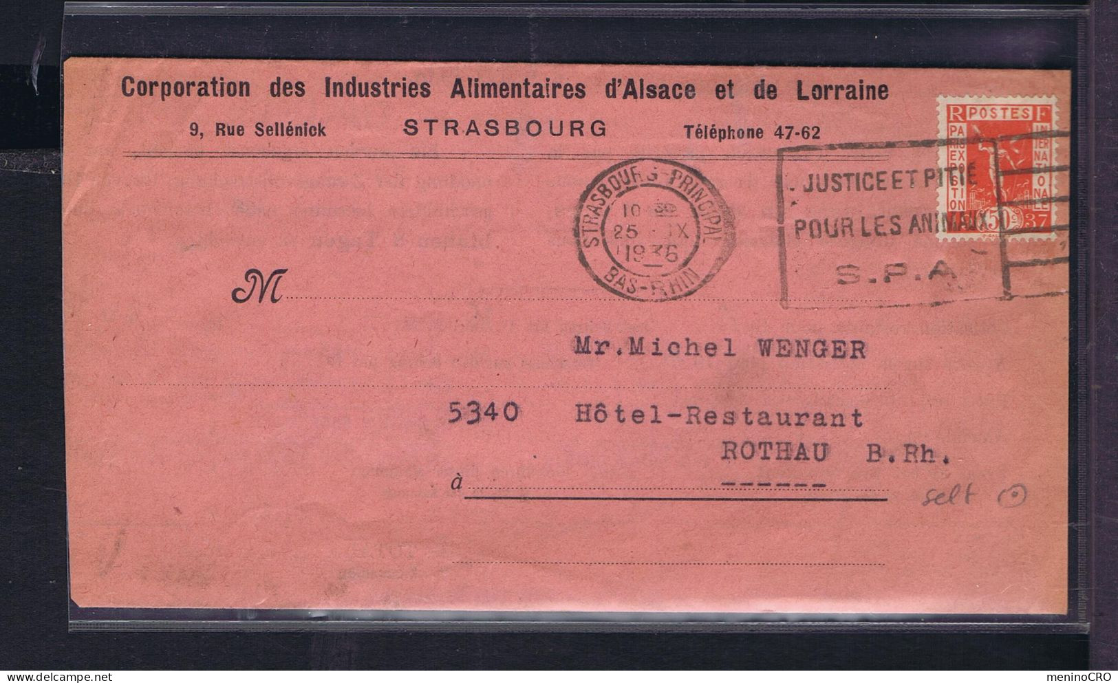 Gc8609 FRANCE "Justice Et Pitié Pour Les Animaux" (S.P.A.) Slogan Pmk Strasbourg Principal 1938 Faune Protection Rothau - Autres & Non Classés
