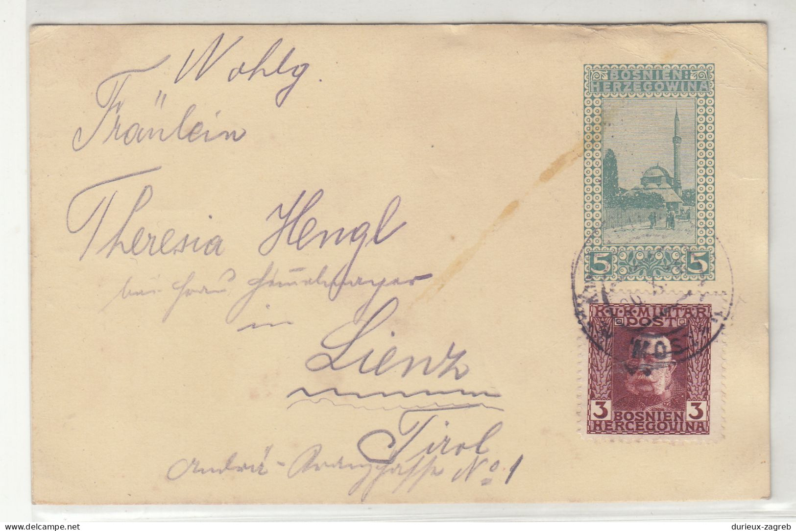 Austria K.u.k. Occupation Of Bosnia Postal Stationery Postcard Posted 1916? Mostar To Lienz - Uprated  B240510 - Bosnia And Herzegovina