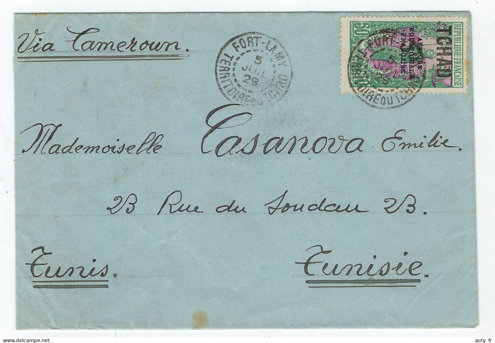 Lettre De FORT LAMY Territoire Du Tchad - Via Cameroun Pour Tunis  1929 - Lettres & Documents