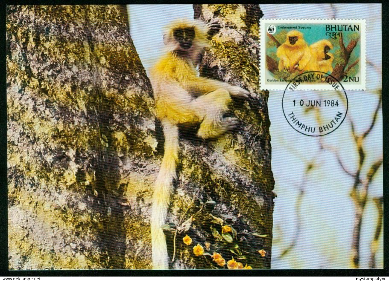 Mk Bhutan Maximum Card 1984 MiNr 842 | Endangered Species. Golden Langur. WWF #max-0093 - Bhutan