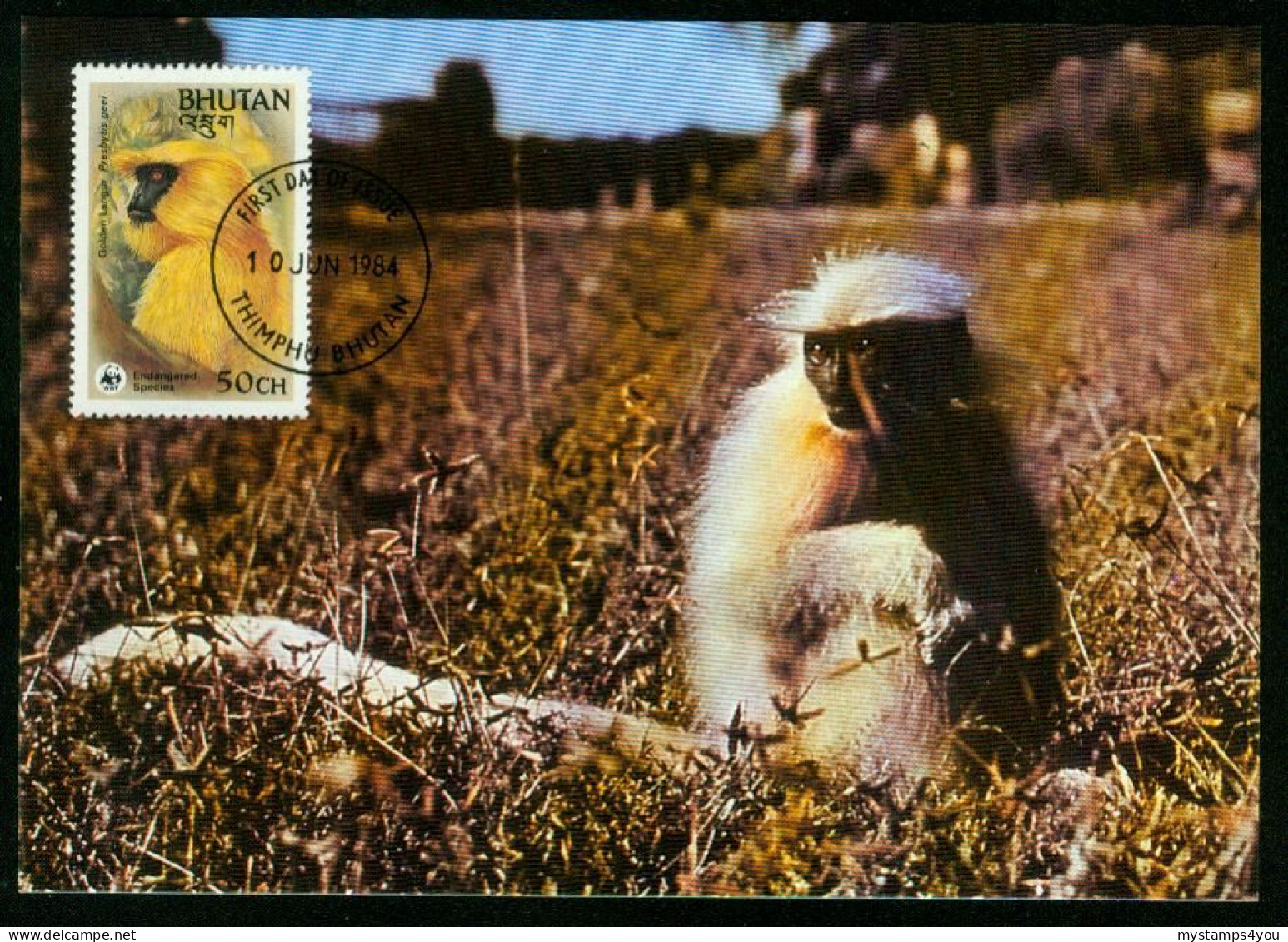 Mk Bhutan Maximum Card 1984 MiNr 840 | Endangered Species. Golden Langur. WWF #max-0096 - Bhoutan