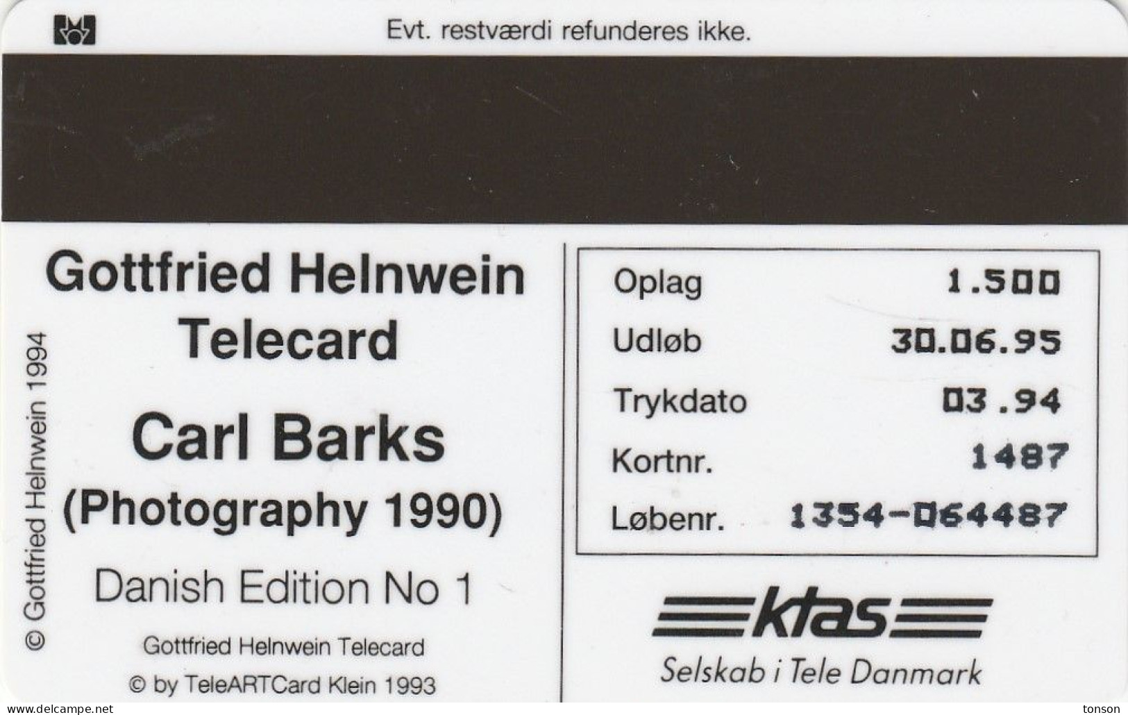Denmark, KP 068, Carl Barks, Mint Only 1500 Issued, 2 Scans.   Cartoonist For Disney - Danimarca