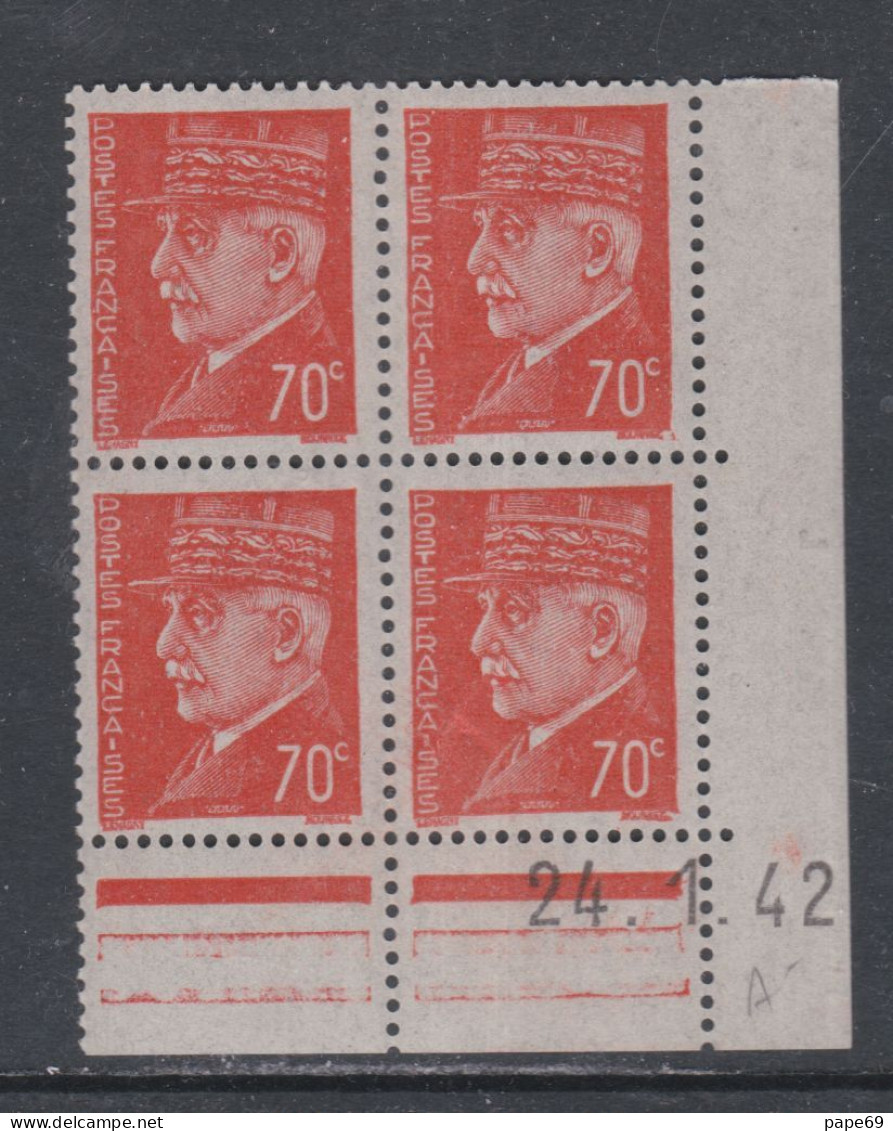 France N° 511 XX : Type Maréchal  Pétain :70 C. Orange En Bloc De 4 Coin Daté Du  24 . 1 . 42 ;  Sans Charnière, TB - 1940-1949