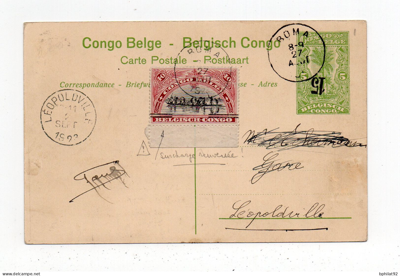 !!! CONGO BELGE, TIMBRE AVEC SURCH RENVERSEE SUR ENTIER POSTAL DE 1923 - Brieven En Documenten