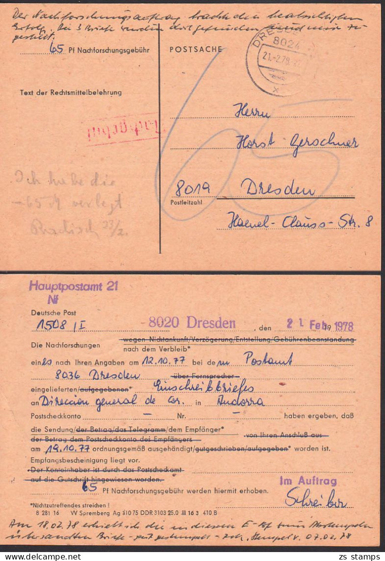 Dresden Postsache Für Nachforschungsgebühr über 65 Pfg. 21.2.78 In Andorra - Covers & Documents