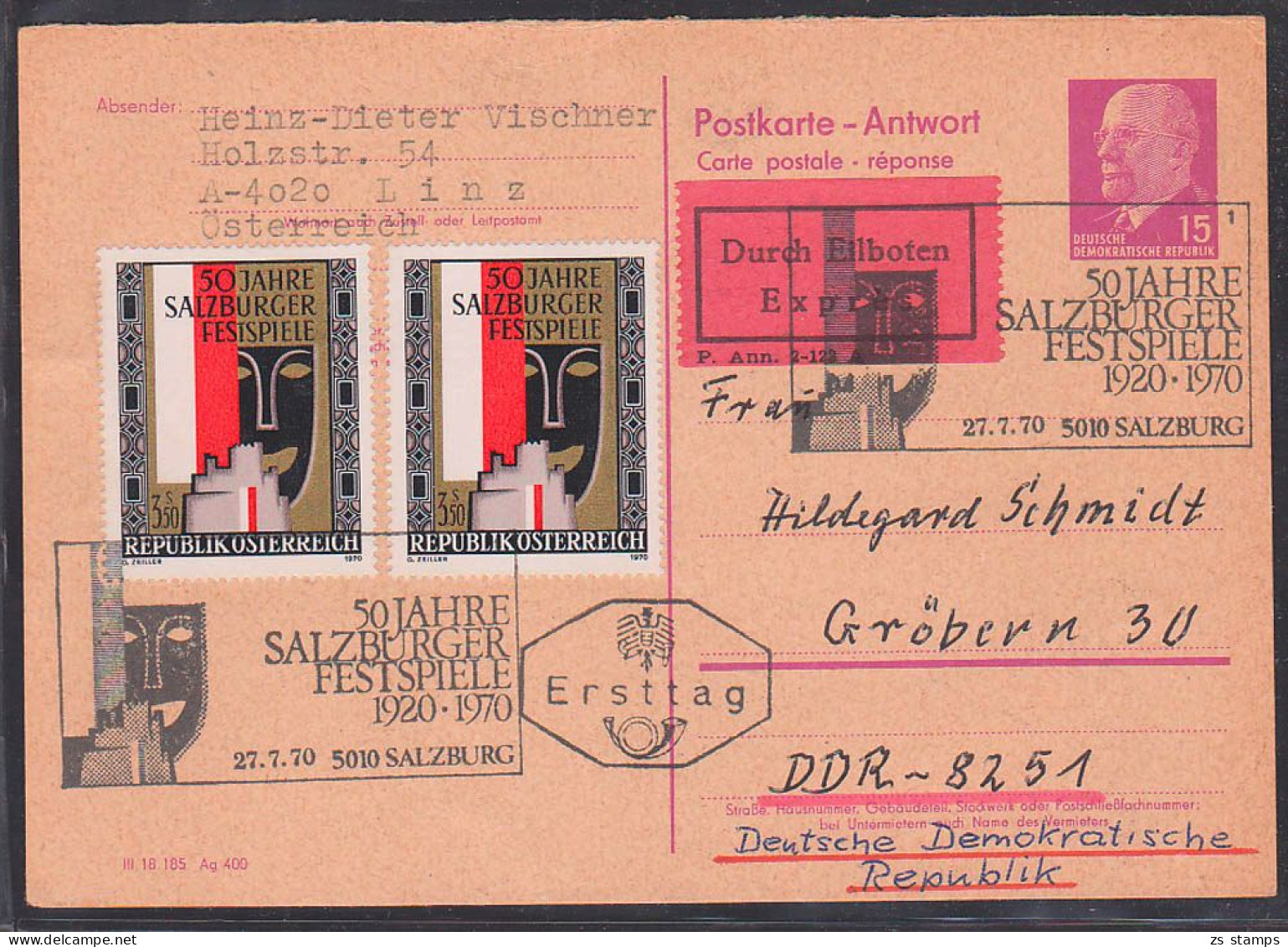 Antwort-GA 15 Pfg. W. Ulbricht Aus Salzburg Festspiele Mit Auffrankatur Für Eil-Sdg., P74A - Postkarten - Gebraucht