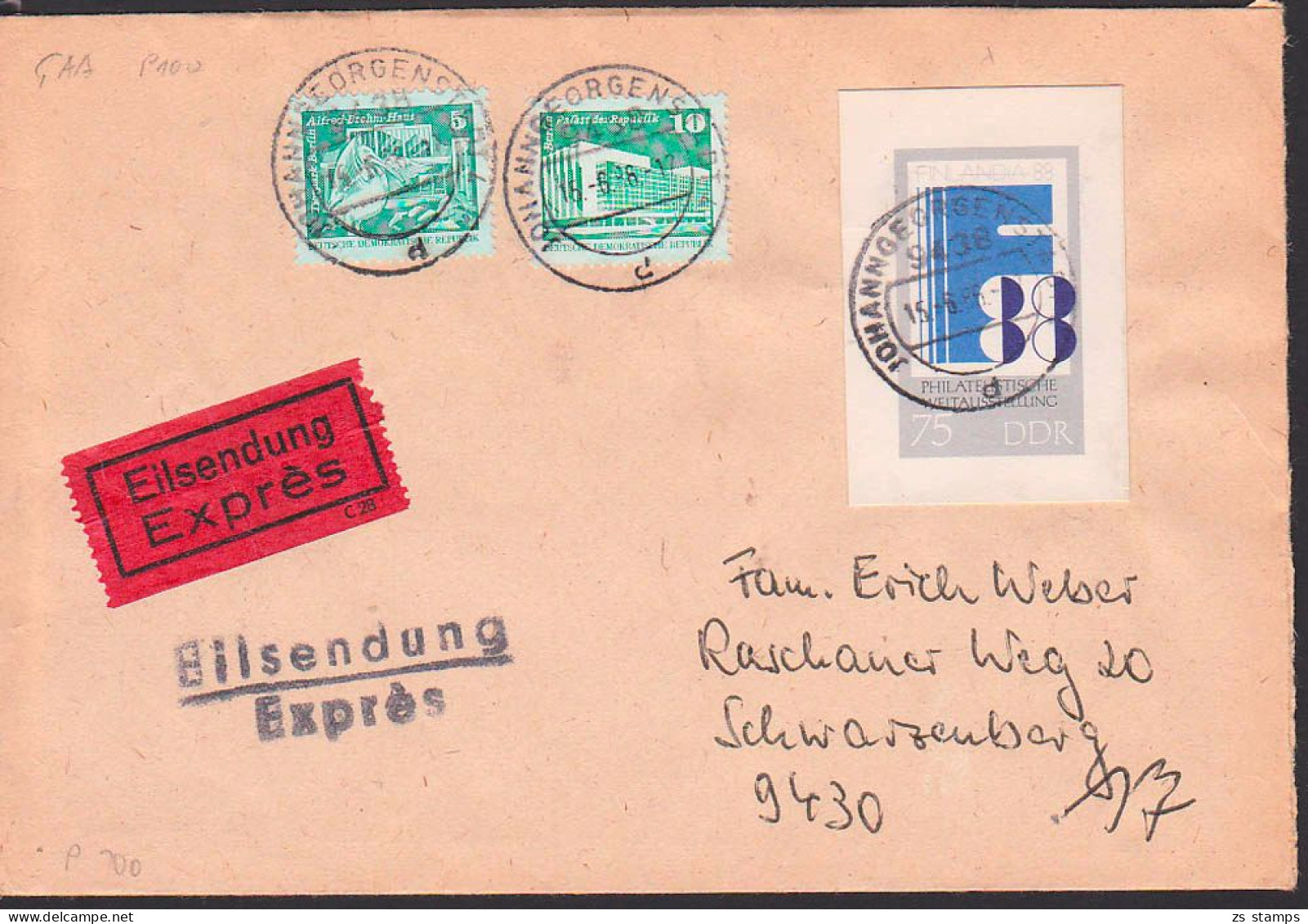 Johanngeorgenstadt Eilbrief Mit GA-Ausschnitt 75 Pfg. Weltausstellung, GAA P100, 2. Gewichtsstufe - Cartes Postales Privées - Oblitérées