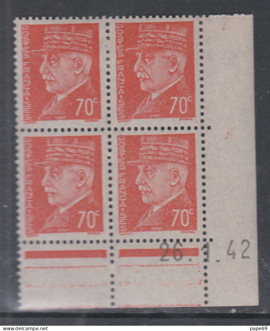 France N° 511 X : Type Mal  Pétain :70 C. Orange En Bloc De 4 Coin Daté Du  26 . 1 . 42 ;  Trace Charnière Sinon TB - 1940-1949